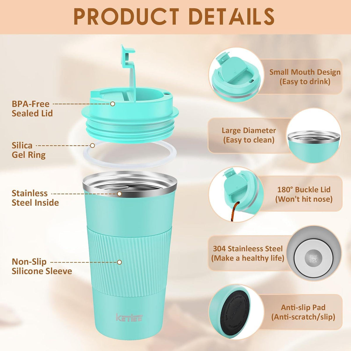 Thermobecher Kaffee-to-go 510ml Doppelwandig Türkis