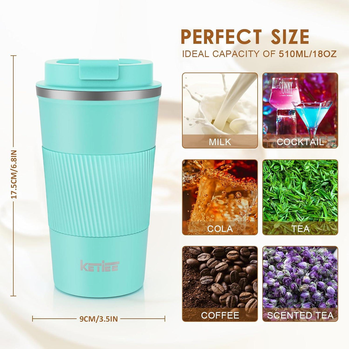 KETIEE 510ml Thermobecher to go, Doppelwandig, Vakuum isoliert, Türkis