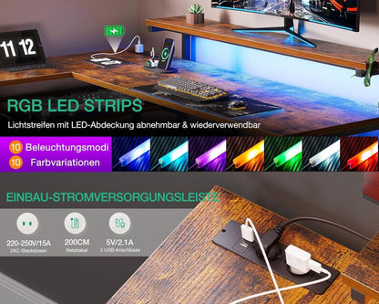 Schreibtisch LED Eckschreibtisch USB 2 Steckdosen 2 135×110cm