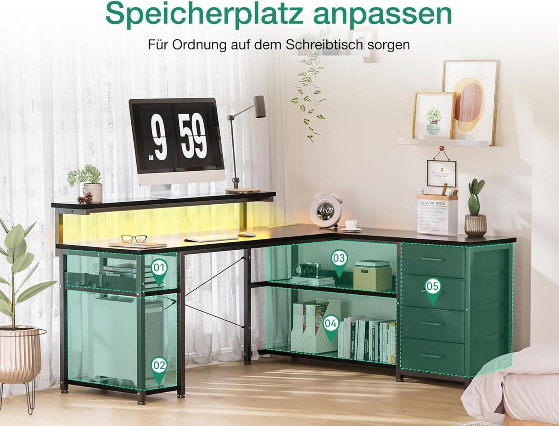 ODK Schreibtisch LED Eckschreibtisch USB Steckdosen Schwarz