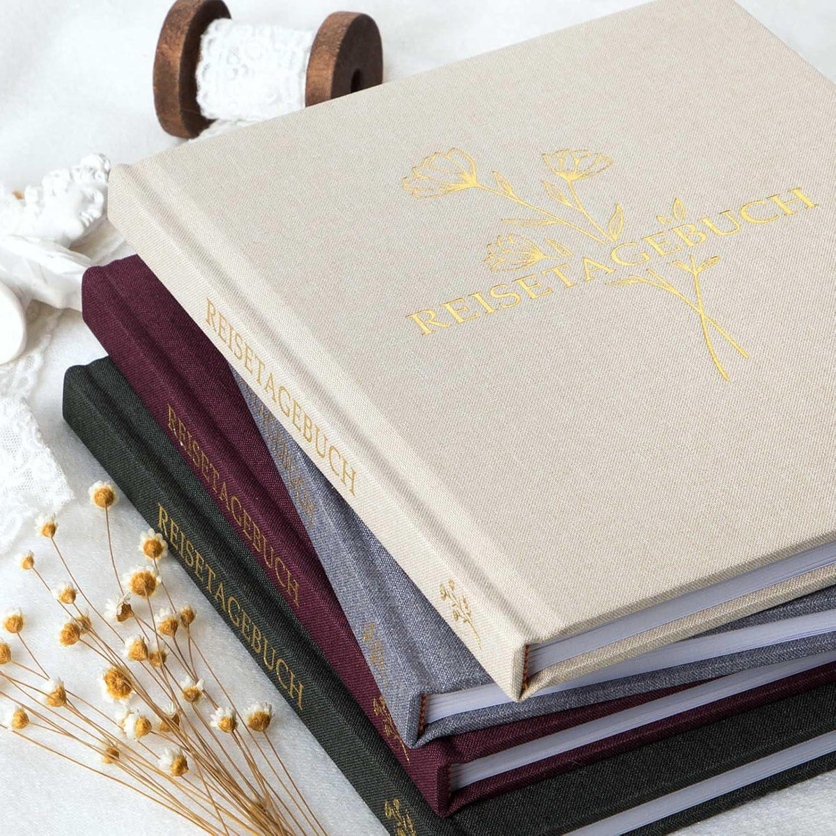 Reisetagebuch Notizbuch Leinen Ausfüllen Fotobuch Aufforderungen Beige