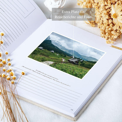Reisetagebuch Leinen mit Anleitungen für 15 Reisen, Grün
