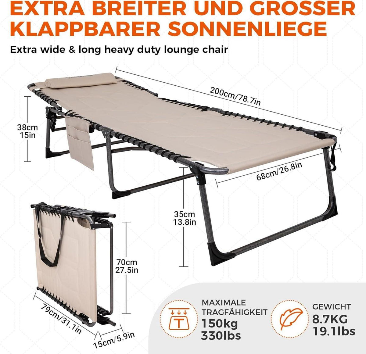 Übergroße Sonnenliege klappbar 5-fach verstellbar