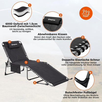 KingCamp Sonnenliege Klappbar 5-Fach Verstellbar Gartenliege 150 kg 200 x 68 cm Schwarz 2er Set