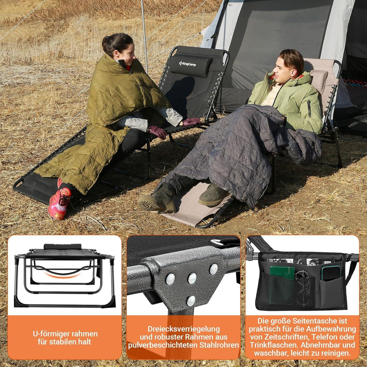 KingCamp Sonnenliege Schwarz 200x68cm 5-Fach verstellbar mit Kopfkissen bis 150