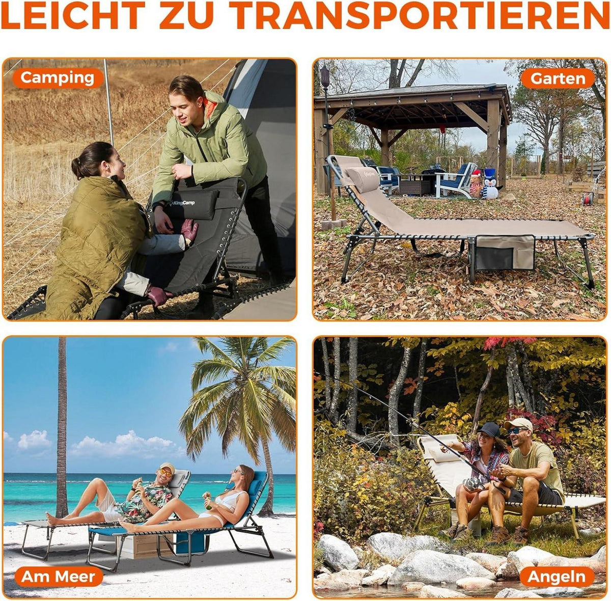 KingCamp Sonnenliege Schwarz 200x68cm 5-Fach verstellbar mit Kopfkissen bis 150