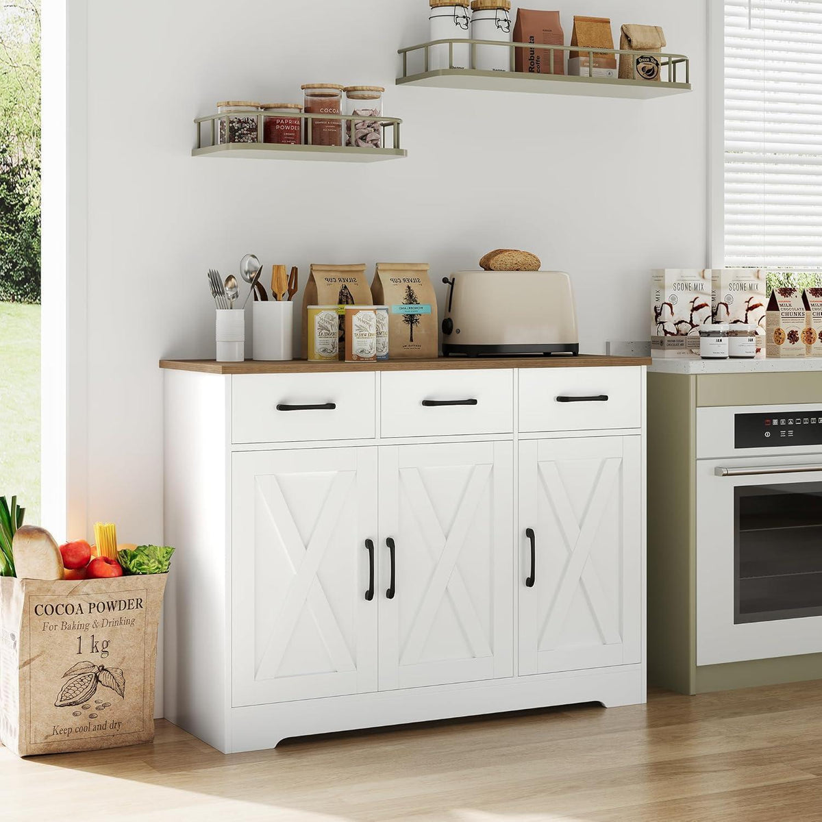 Sideboard mit Schubladen & Türen – Weiß & Braun, Küchenschrank