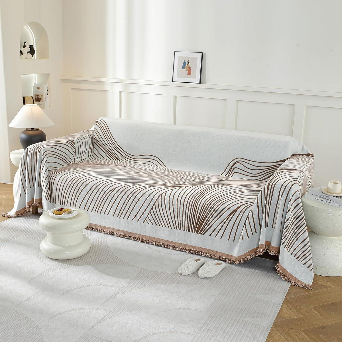 Sofaüberwurf 3-Sitzer, Chenille Dunkelkaffee-Curve 180x340cm