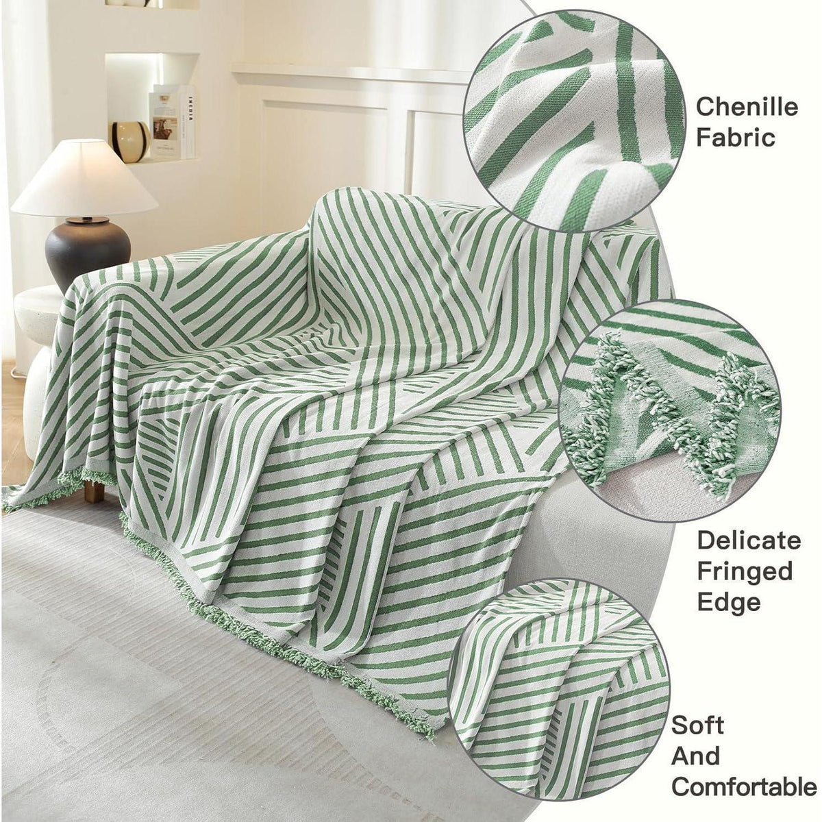 Sofaüberwurf Chenille Hellgrün-Line 180x340cm - 3 Sitzer