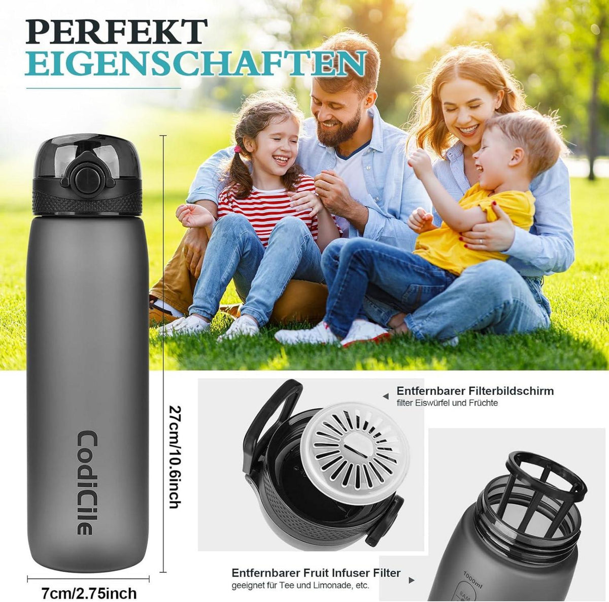 Trinkflasche 1L Schwarz BPA-frei Tritan Sportflasche mit Filter, Auslaufsicher, Zeitmarkierung, Spülmaschinenfest