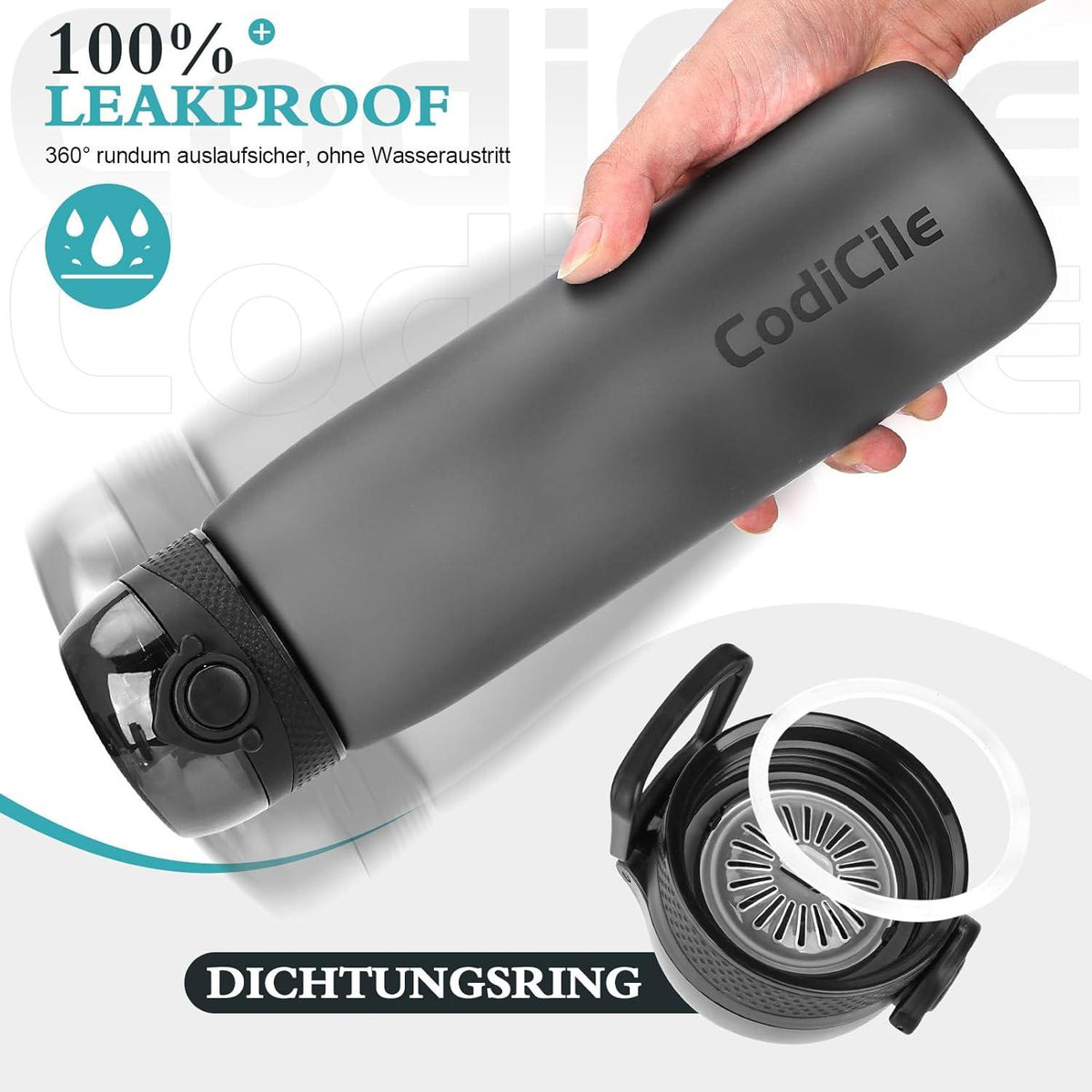 CodiCile Trinkflasche 1L BPA-frei Auslaufsicher Tritan Filter Fitness Schwarz