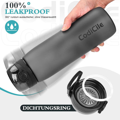 CodiCile Trinkflasche 1L BPA-frei Auslaufsicher Tritan Filter Fitness Schwarz