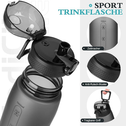 Trinkflasche 1L BPA-frei auslaufsicher Tritan mit Zeitmarkierung