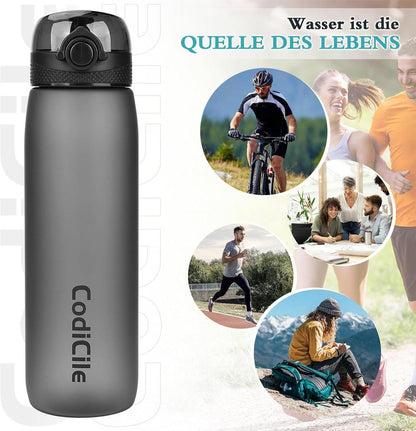 CodiCile Trinkflasche 1L BPA-frei Auslaufsicher Tritan Filter Fitness Schwarz