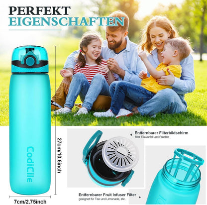 Trinkflasche 1L BPA-frei Auslaufsicher Wasserflasche Tritan Sportflasche Cyan