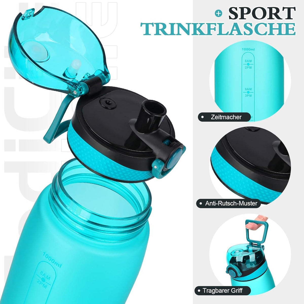 Trinkflasche 1 Liter BPA-frei Auslaufsicher Tritan Sportflasche Cyan