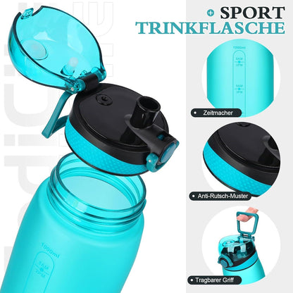 Trinkflasche 1 Liter BPA-frei Auslaufsicher Tritan Sportflasche Cyan