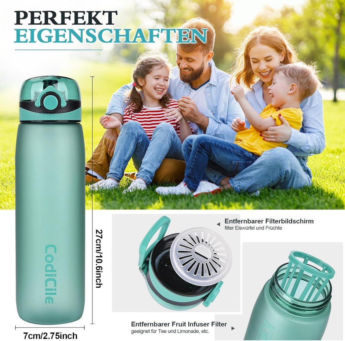 Trinkflasche 1L BPA-frei Auslaufsicher Tritan Sportflasche Fitness grün