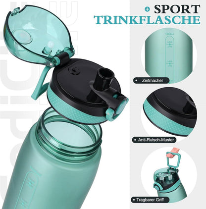 Trinkflasche 1L BPA-frei Auslaufsicher Tritan Sportflasche Fitness grün