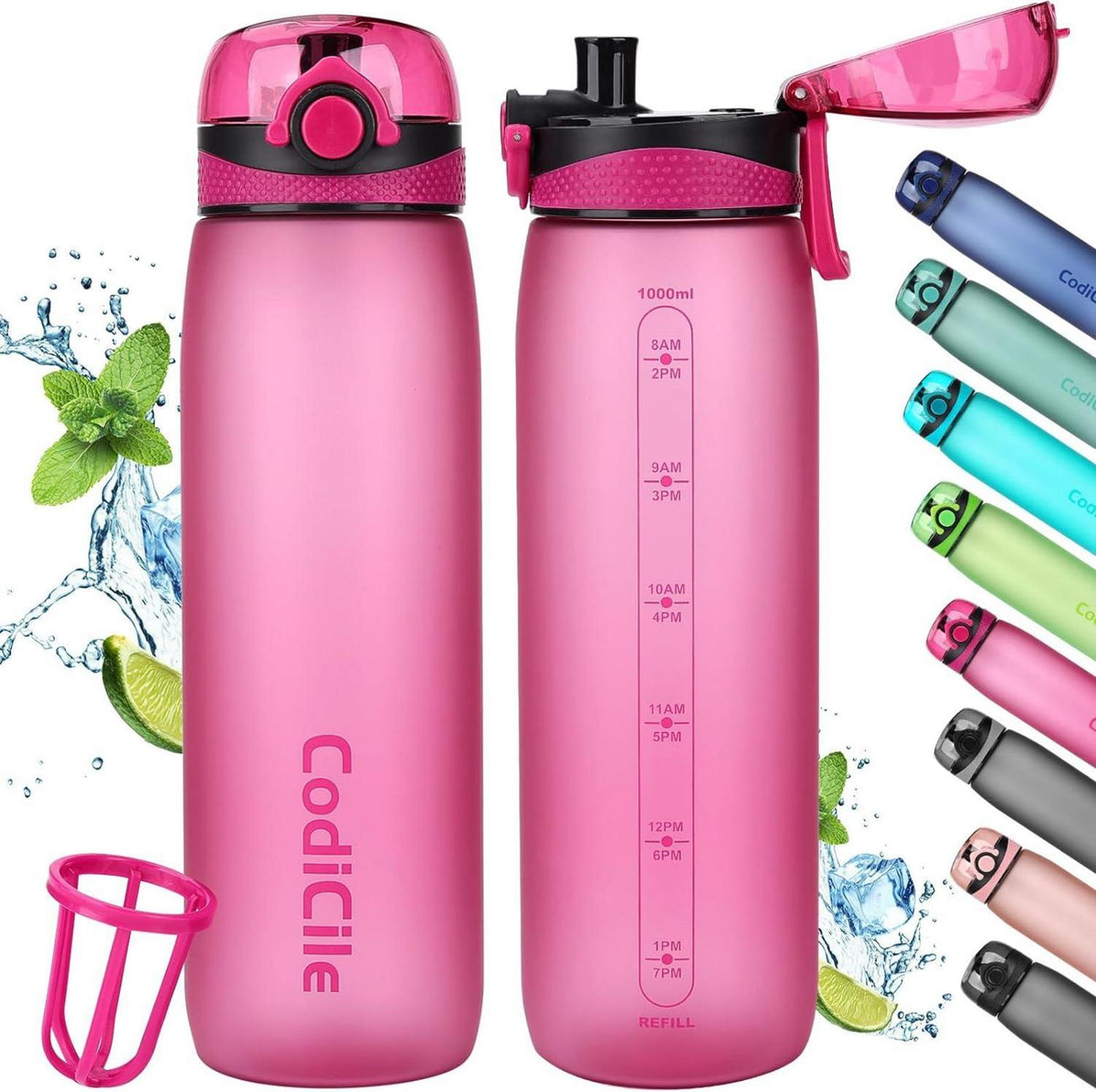 Trinkflasche 1L BPA-frei mit Zeitmarkierung, Auslaufsicher, Tritan
