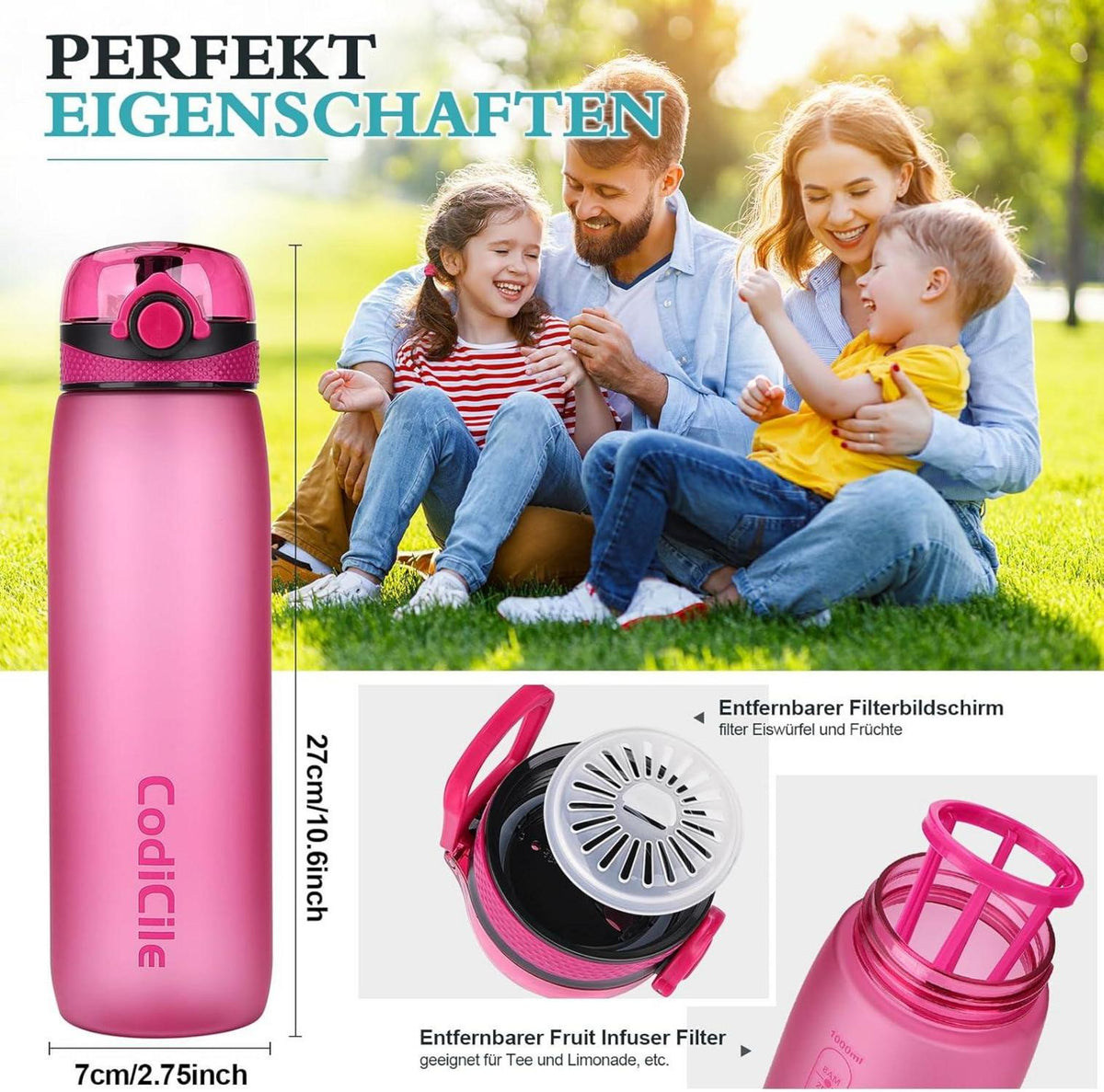 Trinkflasche 1L BPA-frei auslaufsicher mit Fruchtfilter und Zeitmarkierung Rose