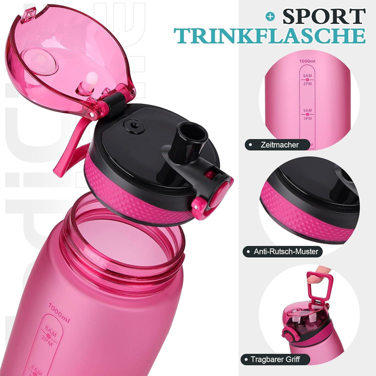 CodiCile Trinkflasche 1L BPA-Frei Auslaufsicher Tritan Sport Fitness Rose