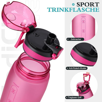 CodiCile Trinkflasche 1L BPA-Frei Auslaufsicher Tritan Sport Fitness Rose