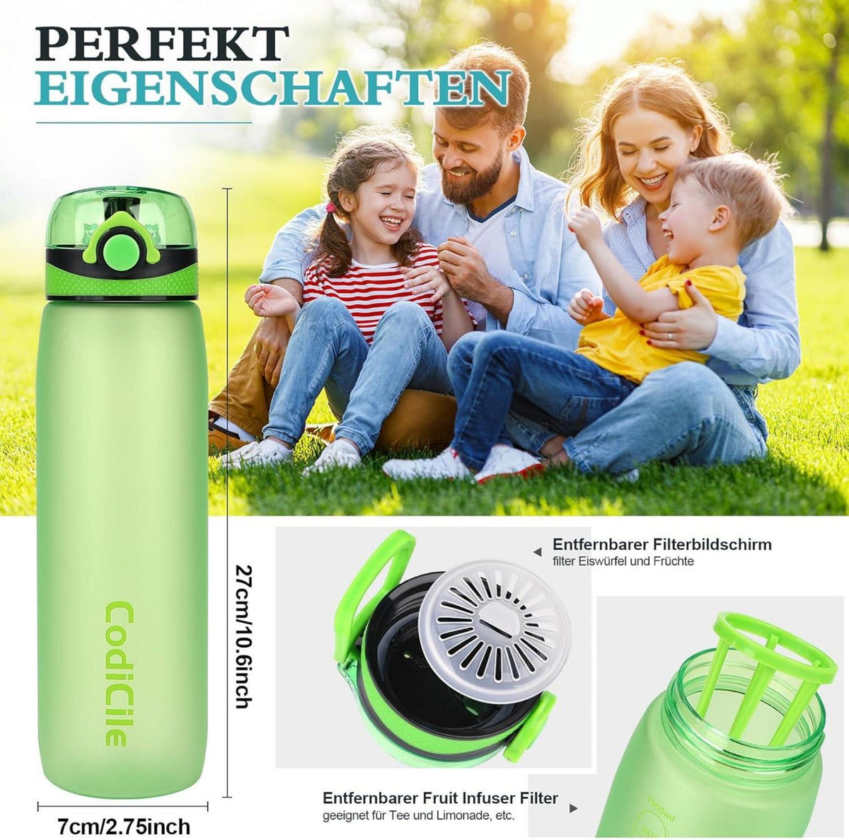 Sport Trinkflasche 1L BPA-frei Auslaufsicher Tritan Filter grün