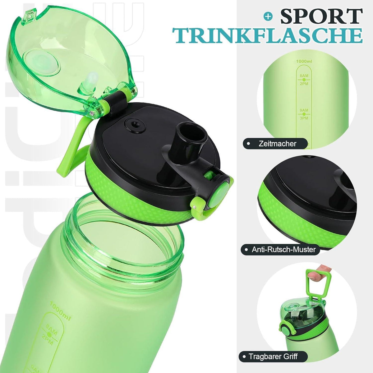 Sport Trinkflasche 1L BPA-frei Auslaufsicher Tritan Filter grün