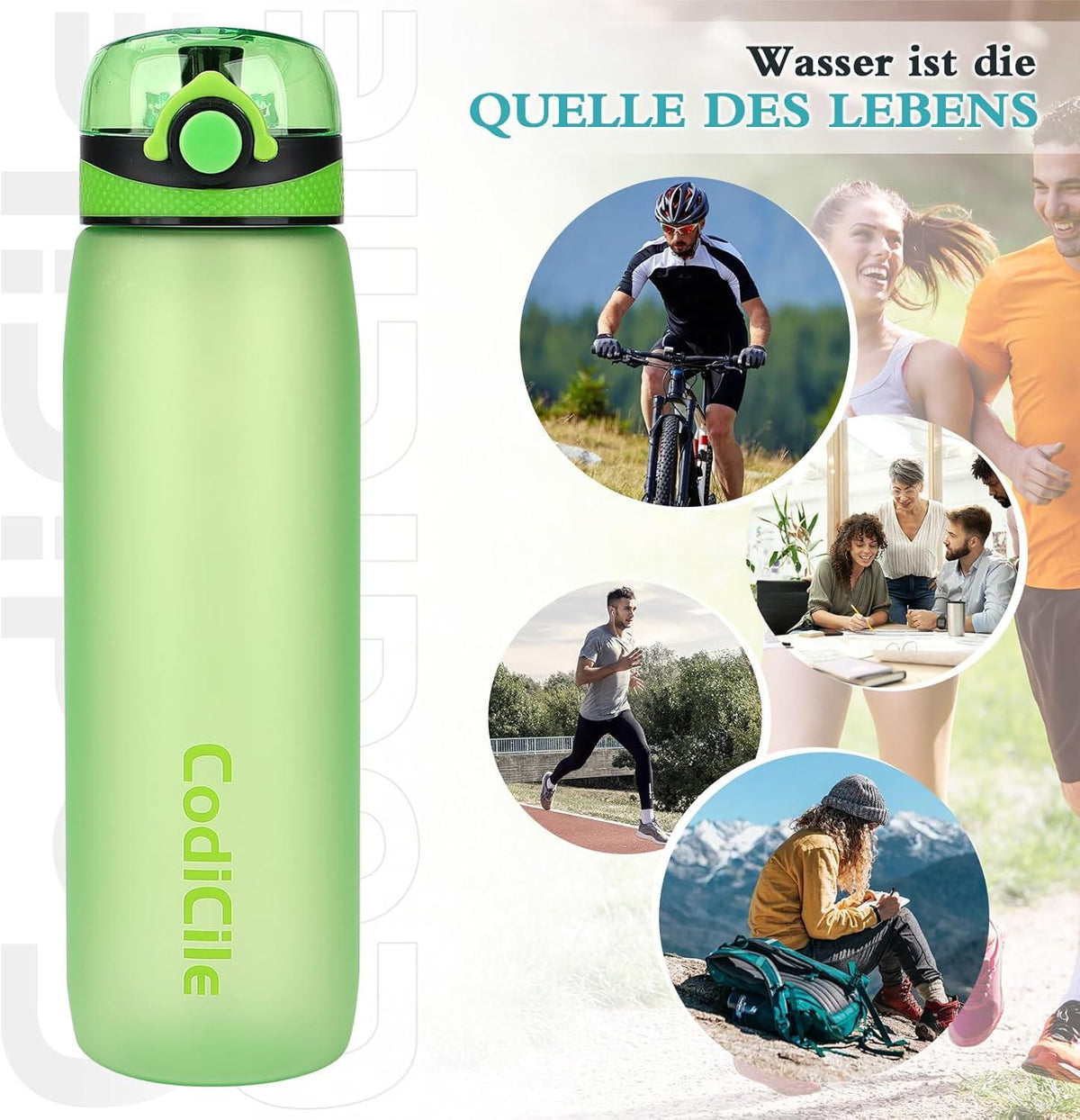 Trinkflasche 1L BPA-Frei Auslaufsicher Tritan Sportflasche für Fitness, Laufen, Schule, im Freien - Grün