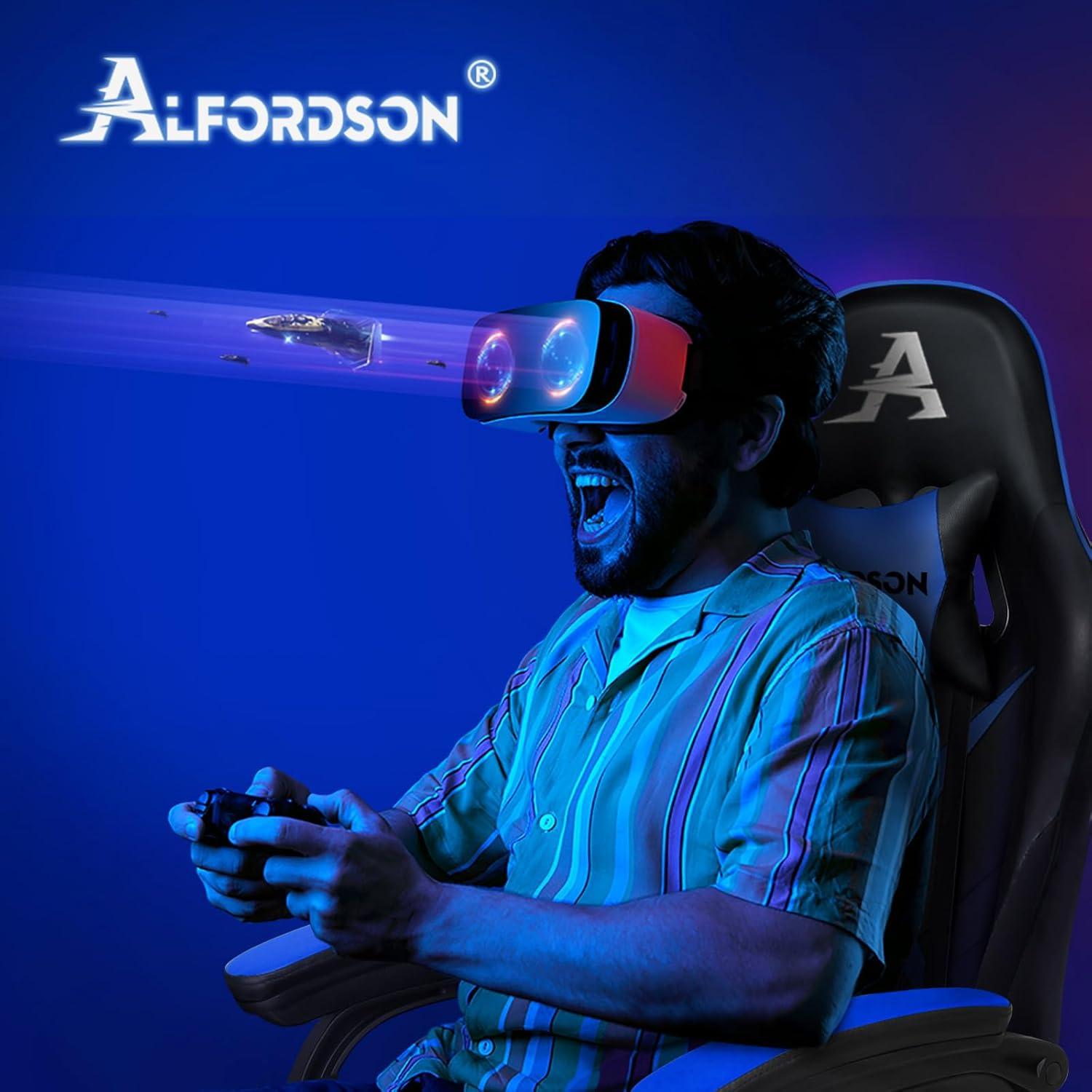 Gamingstuhl mit 2-Punkt-Massage und Fußstütze, Rückenlehne 150° verstellbar, blau
