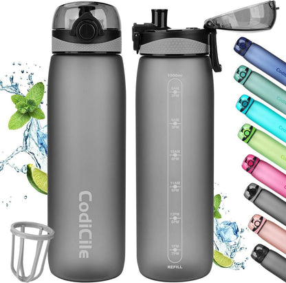 Trinkflasche 1L BPA-frei mit Zeitmarkierung und Früchtebehälter