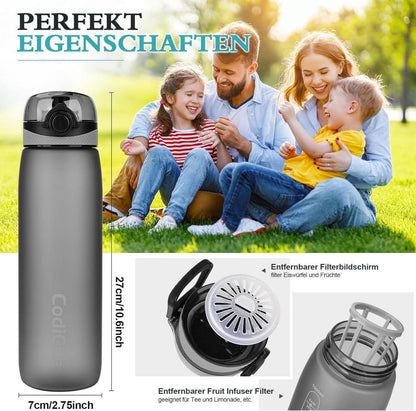 Trinkflasche 1L BPA-frei Tritan Sportflasche Auslaufsicher mit Filter grau