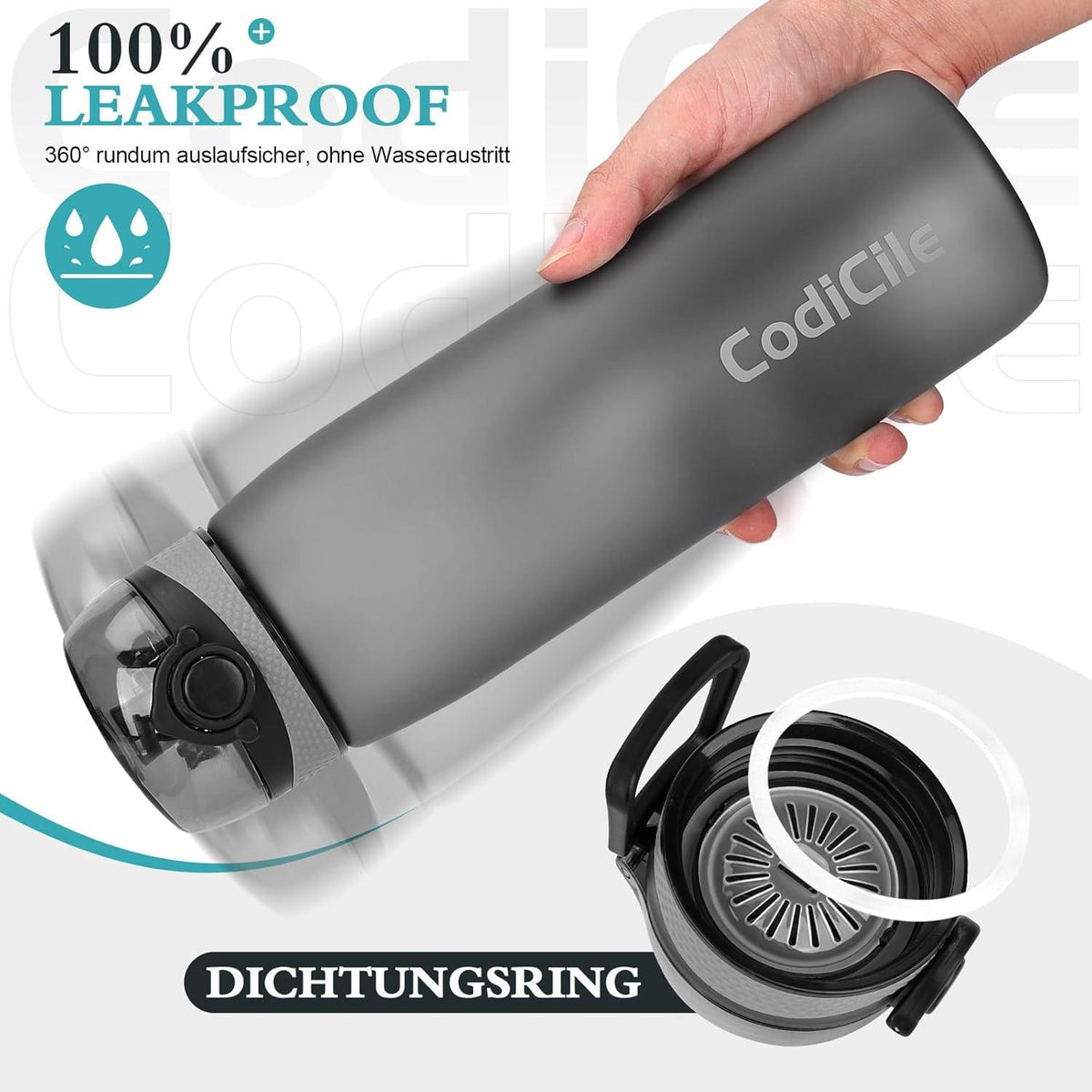 CodiCile 1L Trinkflasche BPA-frei Auslaufsicher Sportflasche Grau