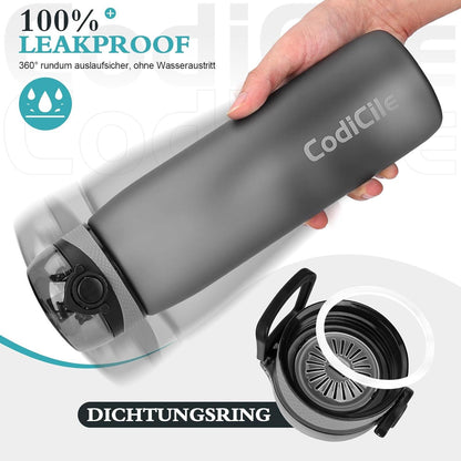 CodiCile 1L Trinkflasche BPA-frei Auslaufsicher Sportflasche Grau