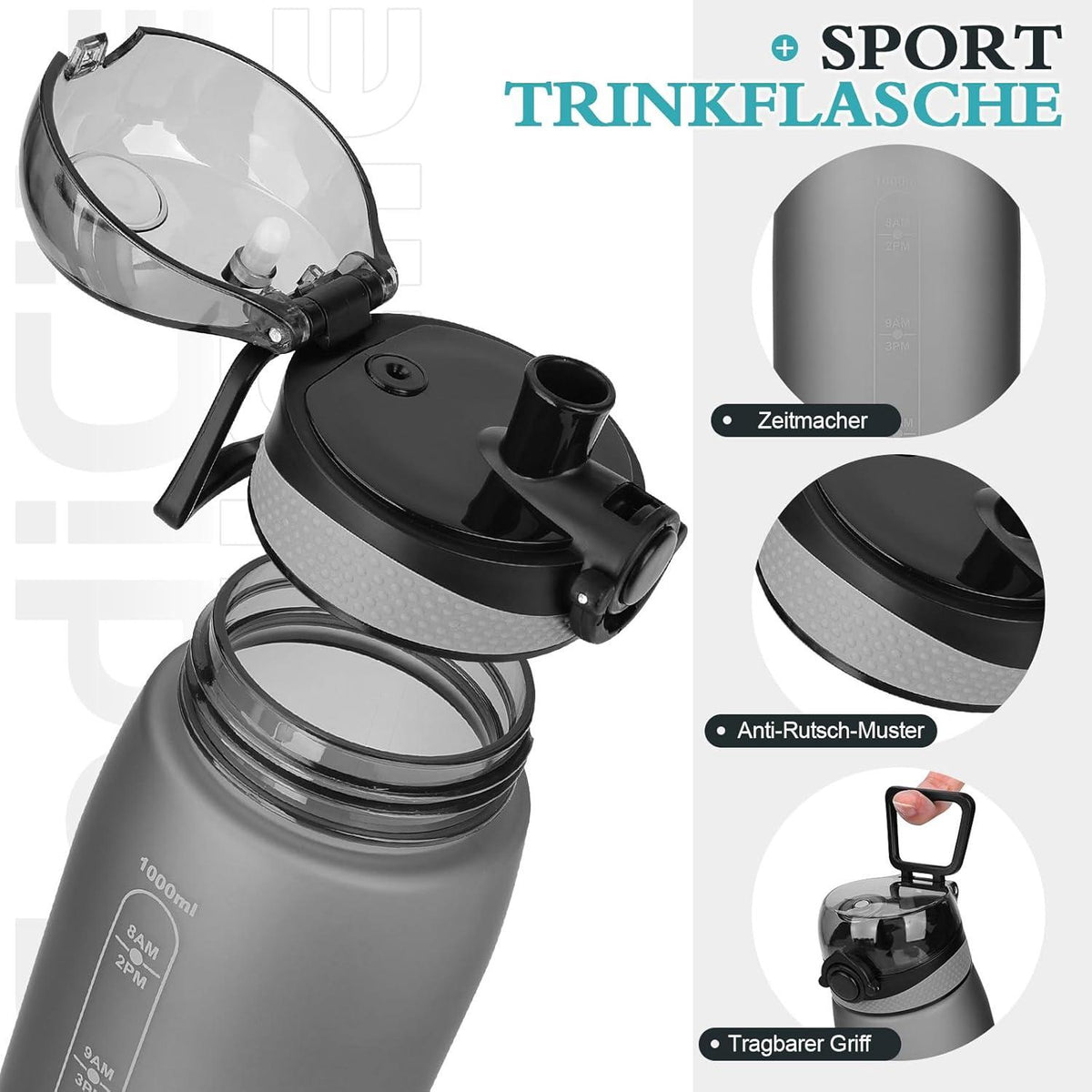 Trinkflasche 1L BPA-frei, Auslaufsicher mit Filter, grau