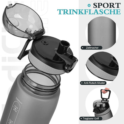 Trinkflasche 1L BPA-frei, Auslaufsicher mit Filter, grau