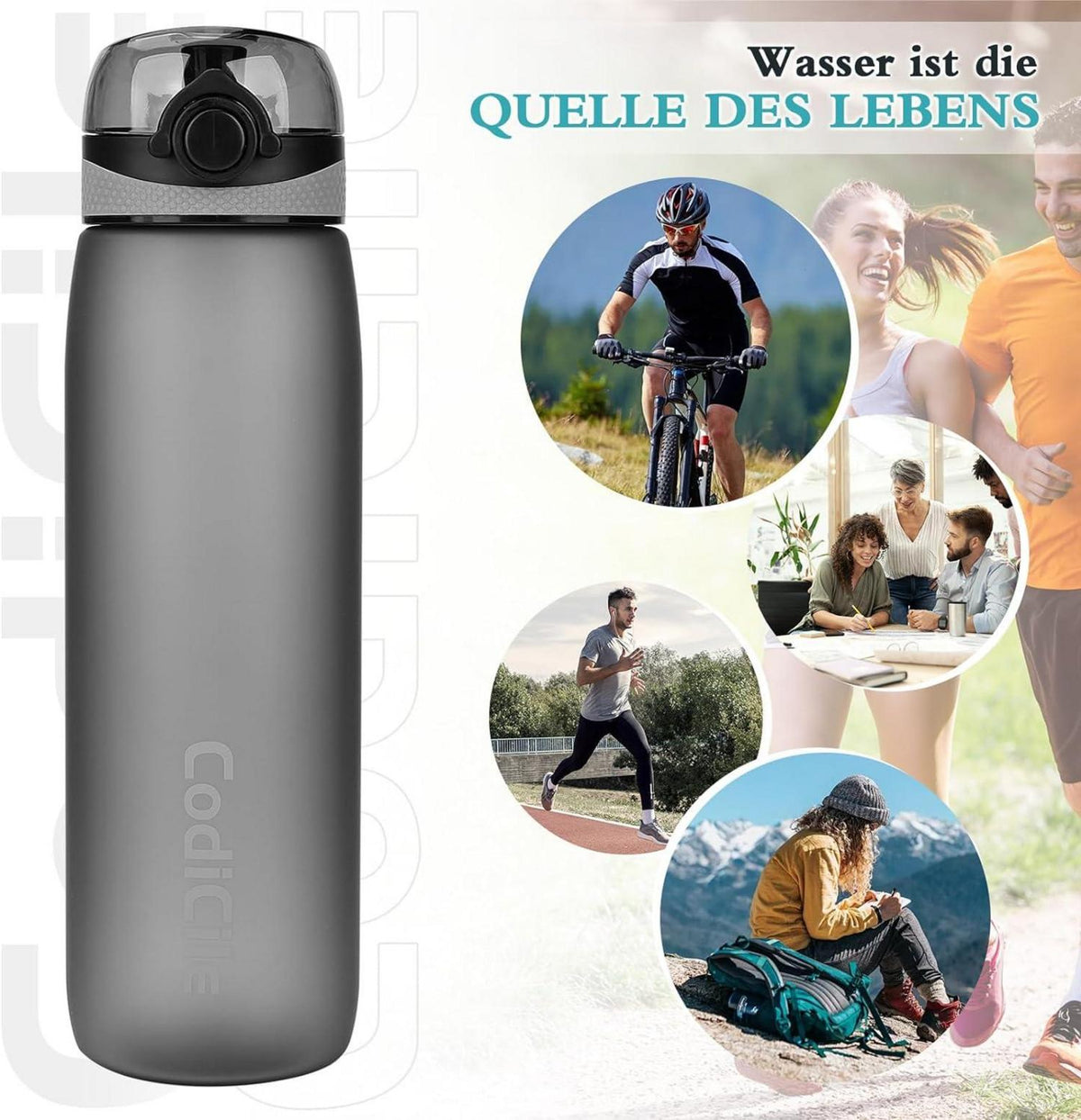 CodiCile 1L Trinkflasche BPA-frei Auslaufsicher Sportflasche Grau
