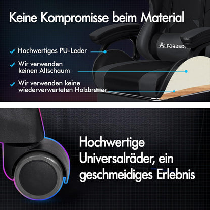 Gamingstuhl Bürostuhl 2-Punkt-Massage 150° Rückenlehne Fußstütze Leder Grau