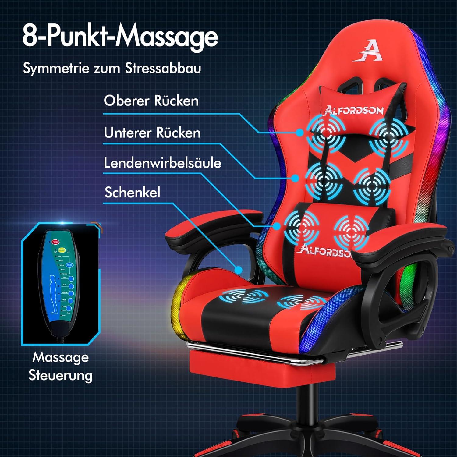 Gaming Stuhl mit 8-Punkt Massage RGB LED-Licht Rot