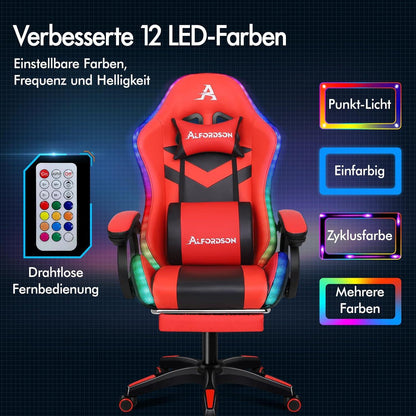 ALFORDSON Gaming Stuhl mit 8-Punkt Massage, RGB LED-Licht, Ergonomisch für Kinder und Erwachsene - Rot