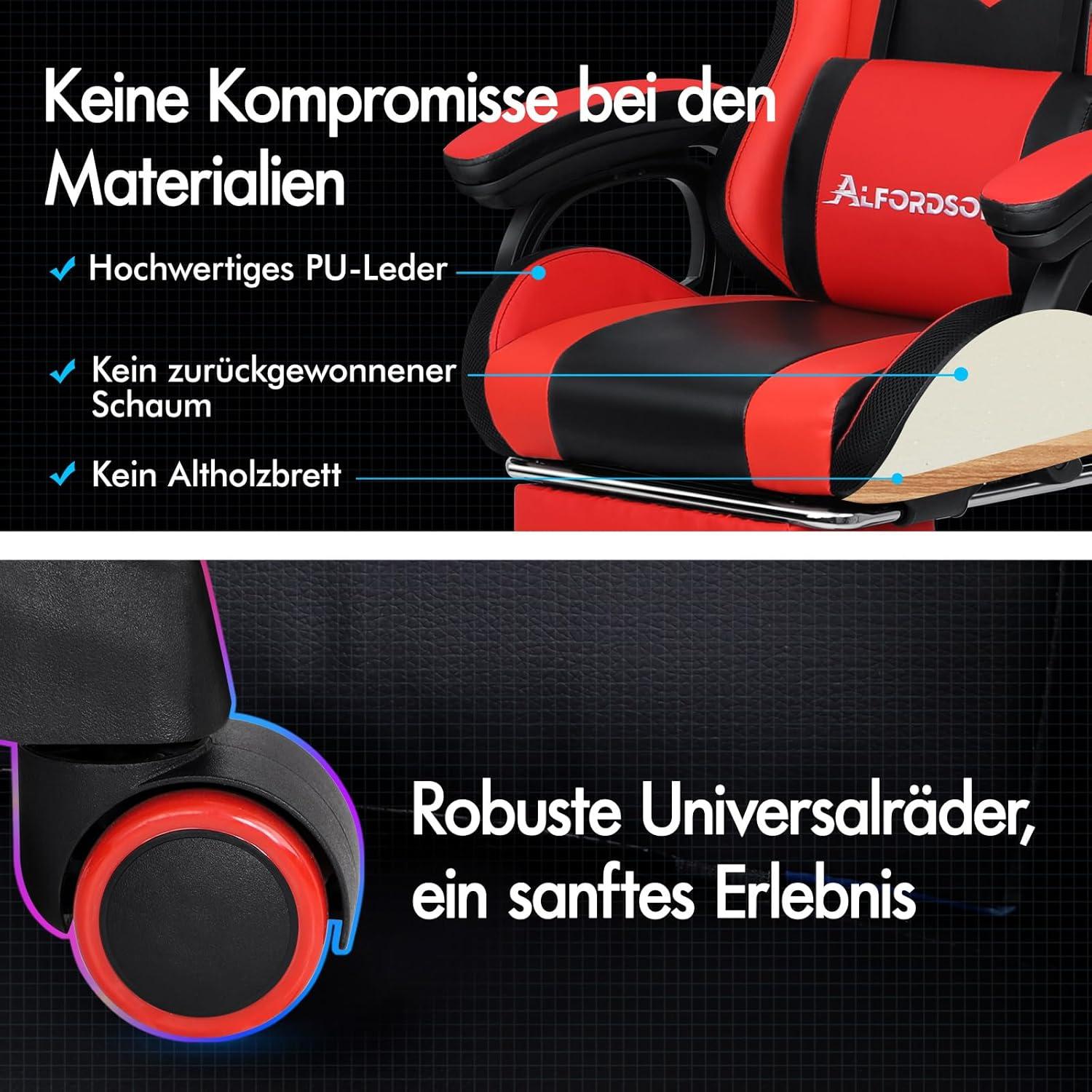 Gaming Stuhl mit 8-Punkt Massage, 12 Farben RGB LED-Licht