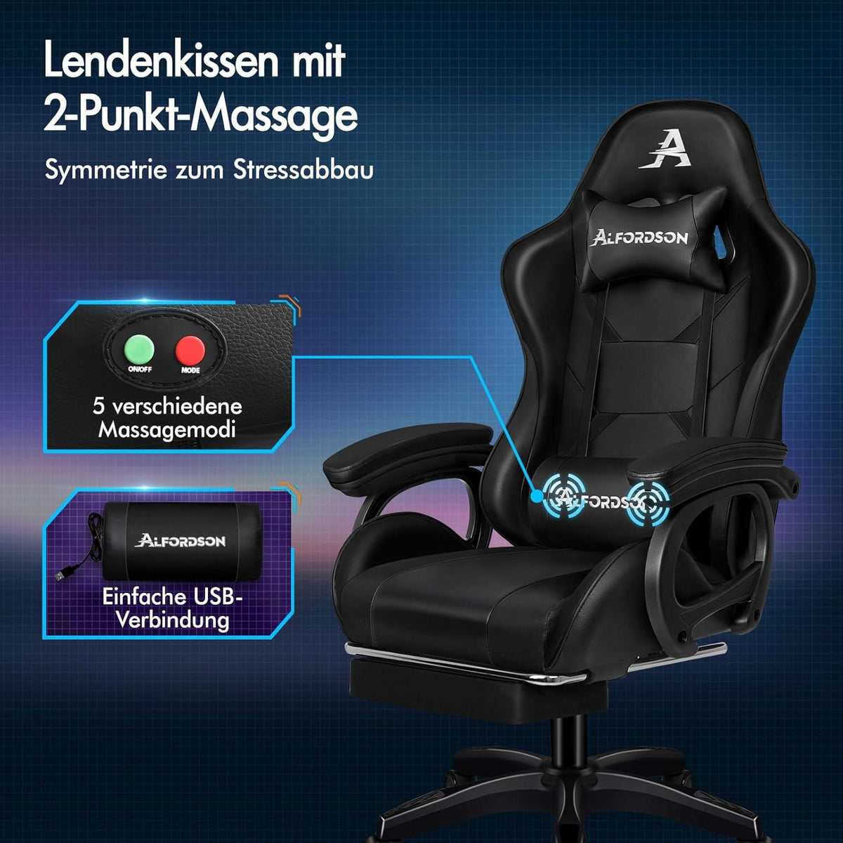 Ergonomischer Gamingstuhl mit 2-Punkt-Massage, Fußstütze, Schwarz