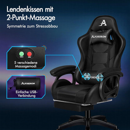 Ergonomischer Gamingstuhl mit 2-Punkt-Massage, Fußstütze, Schwarz
