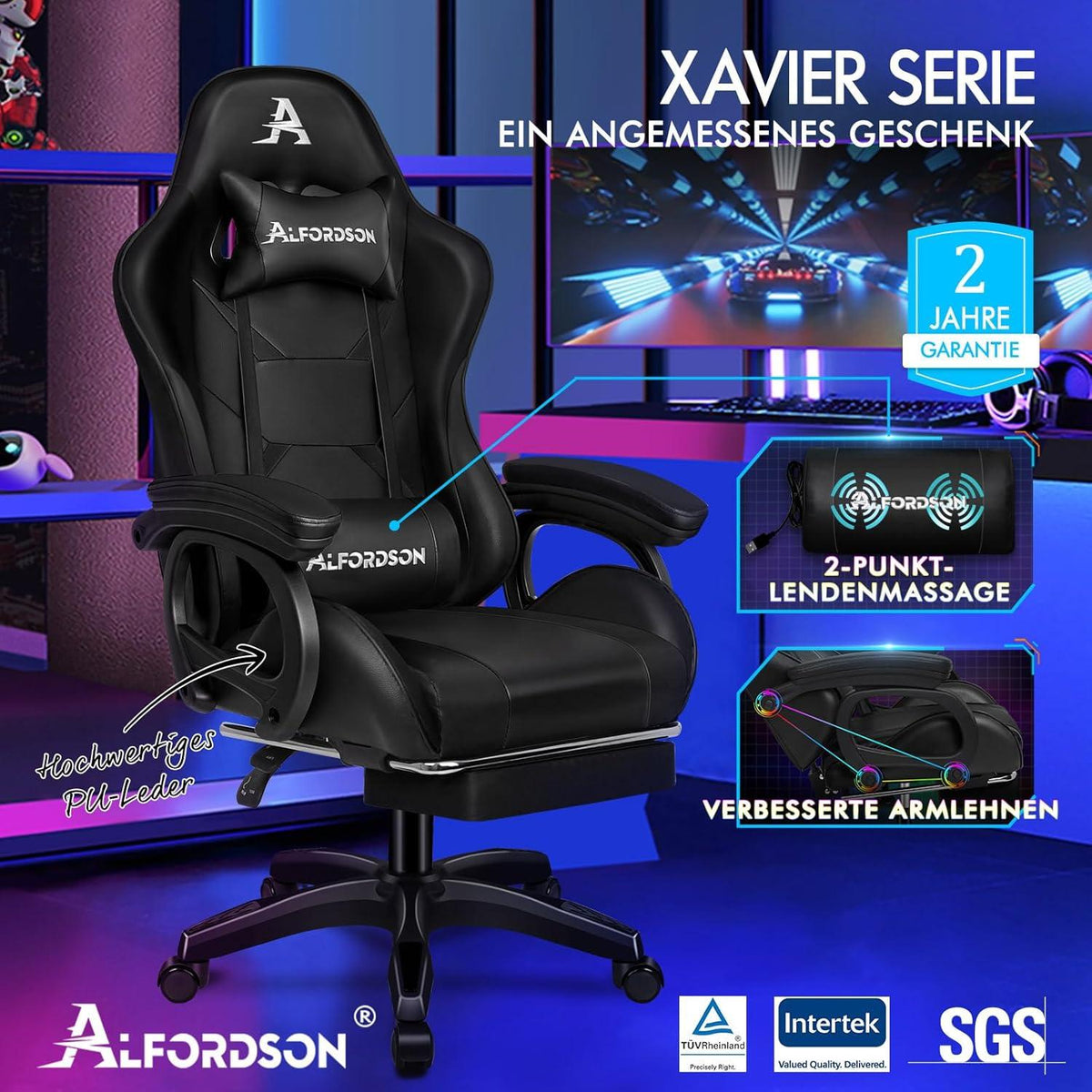 Gamingstuhl mit 2-Punkt-Massage und Fußstütze, Ergonomisch Schwarz