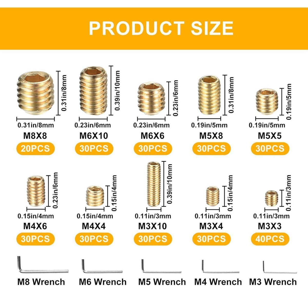 Madenschrauben Set 300 Stk. M3-M8 Innensechskant Gold mit Schlüssel