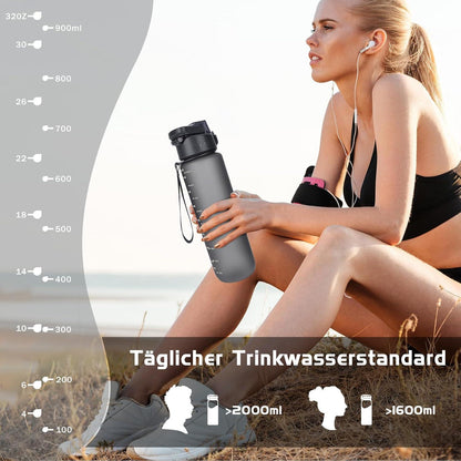 Trinkflasche 1l BPA-Frei Tritan Sport Auslaufsicher Fitness Grau