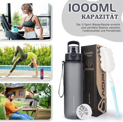 AOPREL Trinkflasche 1l BPA-frei Tritan Sport Auslaufsicher Grau