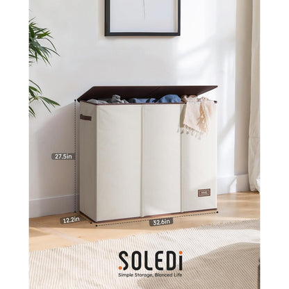 180L Wäschekorb 3 Fächer mit Deckel und Wäschesäcken Beige