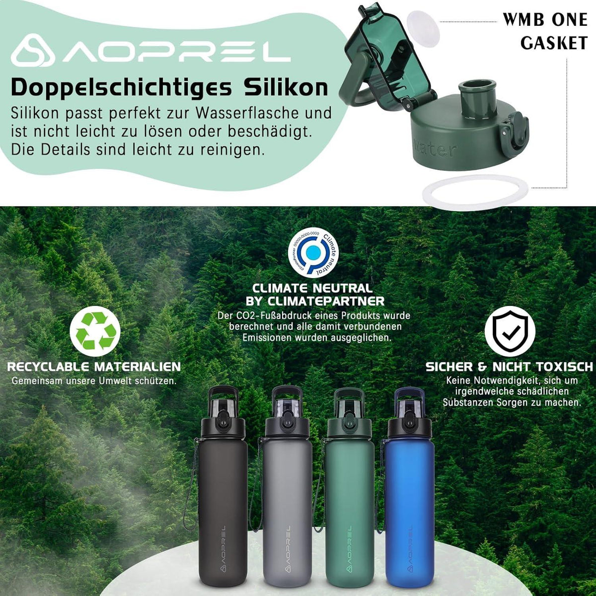 AOPREL Trinkflasche 1l BPA-Frei Sport Wasserflasche Kohlensäure Auslaufsicher